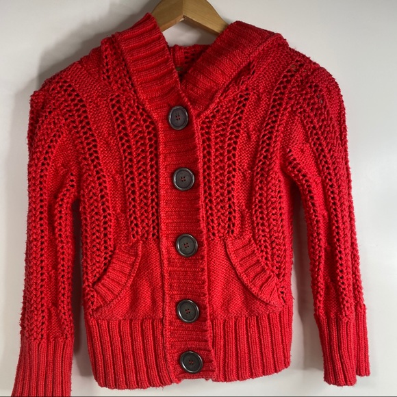 red hooded cardigan